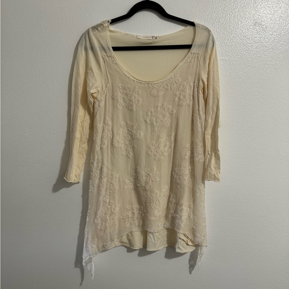 Johnny Was 4 Love And Liberty Floral Embroidered Ivory cream tunic top‎ small